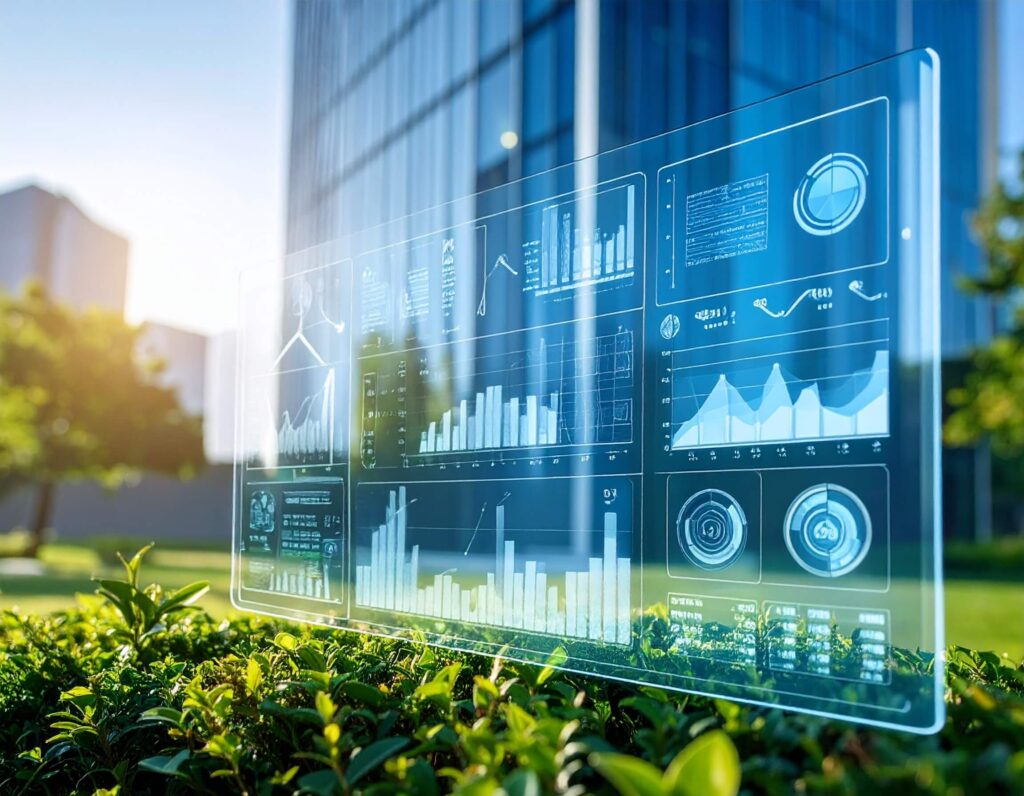 Bild von einer Hecke vor einem Hochhaus. Davor ist ein durchsichtiger Bildschirm mit Statistiken darauf.